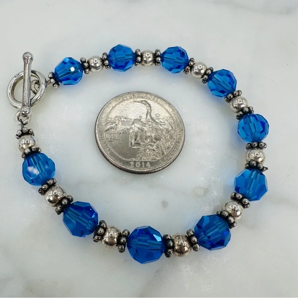Sterling Silver Sapphire Blue Bracelet Faceted Glass Sterling Beads 6 1/4” Wrist